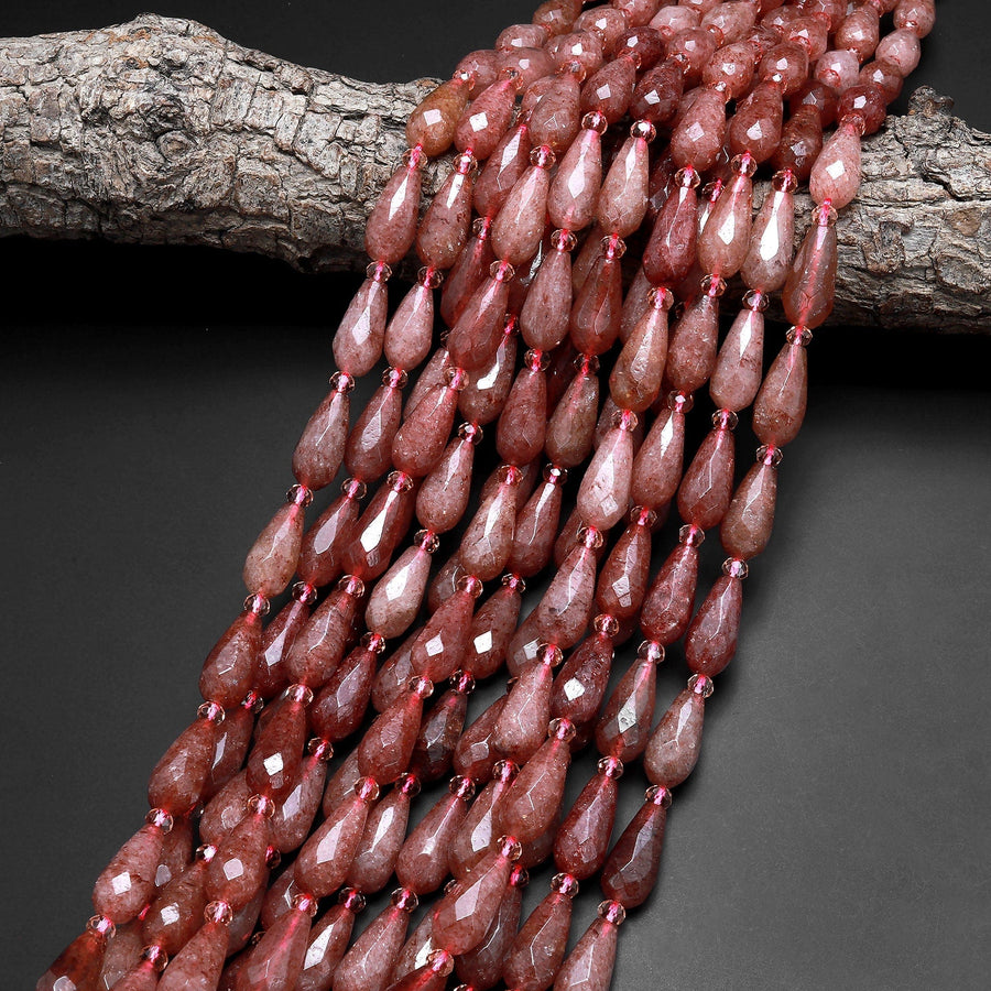 Faceted Natural Red Strawberry Quartz Teardrop Beads Vertically Drilled Gemstone Good for Earrings 15.5" Strand