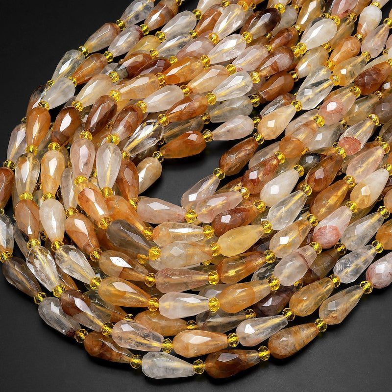 Faceted Natural Golden Healer Quartz Teardrop Beads Vertically Drilled Gemstone Good for Earrings 15.5" Strand