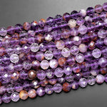 AAA Faceted Natural Super 7 Phantom Amethyst Cacoxenite 8mm Round Beads 15.5" Strand