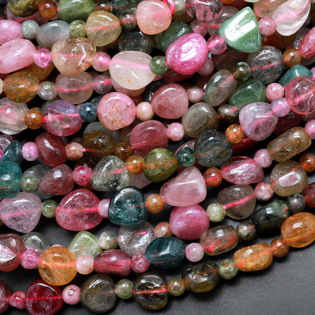 Natural Multicolor Pink Green Blue Tourmaline Freeform Pebble Nugget Beads Gemstone 15.5" Strand