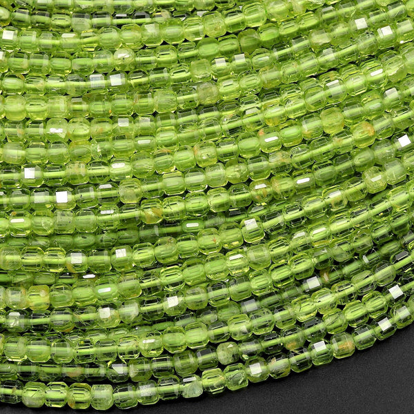 AAA Natural Green Peridot Micro Faceted 3mm Cube Dice Square Beads 15.5" Strand