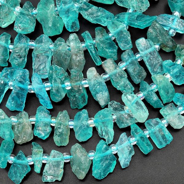 AAA Raw Rough Apatite Freeform Beads Top Side Drilled Teal Green Blue Gemstone Hand Hammered 15.5" Strand