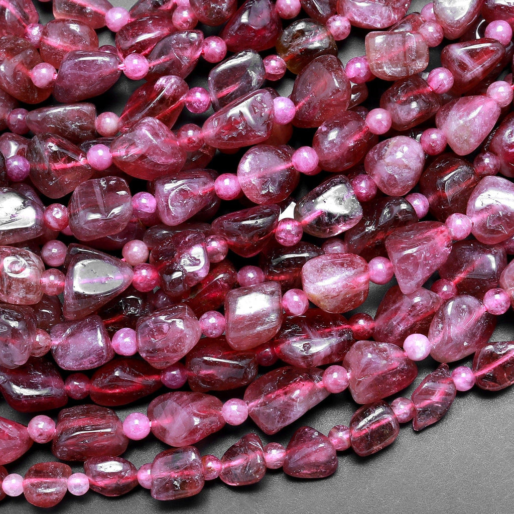 Natural Pink Red Tourmaline Freeform Pebble Nugget Beads Gemstone 15.5" Strand