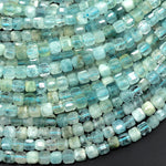 Translucent Natural Blue Green Aquamarine Faceted 4mm Cube Beads Micro Laser Diamond Cut Gemstone 15.5" Strand