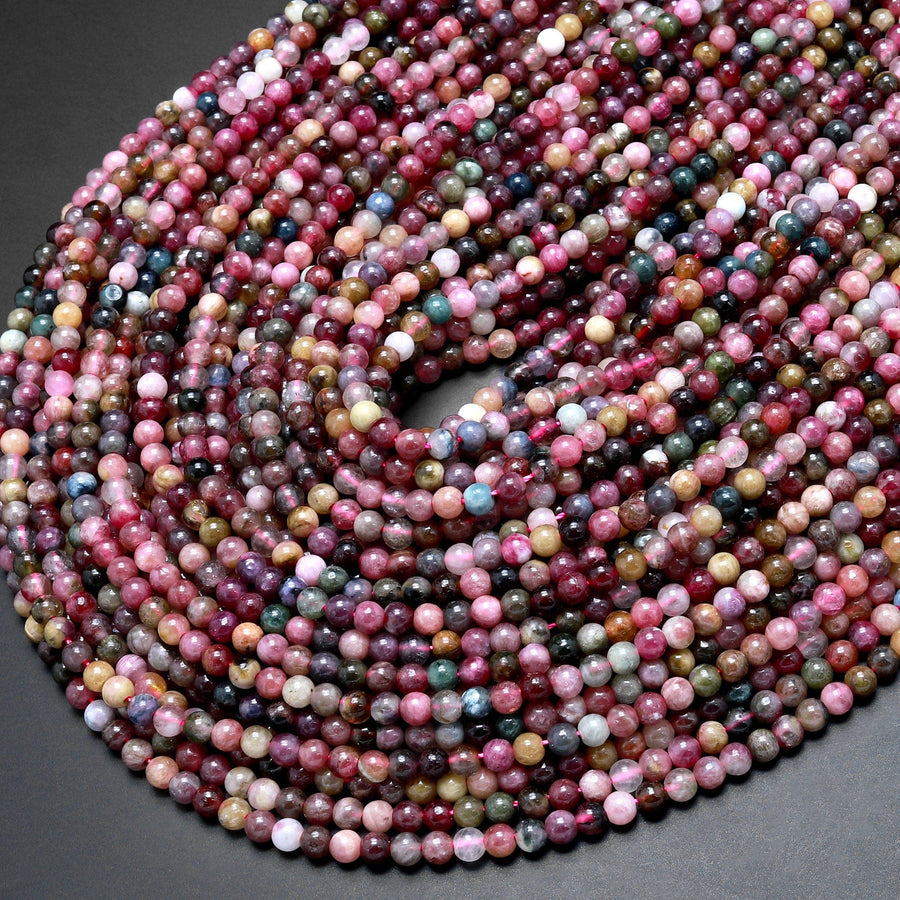 Natural Multicolor Pink Green Blue Cognac Tourmaline 3mm Smooth Round Beads 15.5" Strand