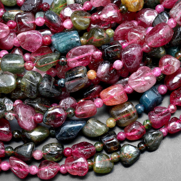 Translucent Natural Multicolor Pink Green Tourmaline Freeform Pebble Nugget Beads Gemstone 15.5" Strand