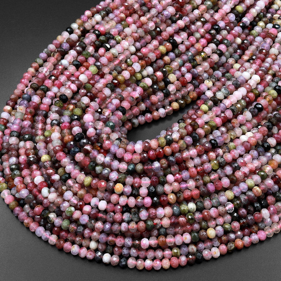 Natural Pink Green Tourmaline Micro Faceted 4mm Rondelle Beads Gemstone 15.5" Strand
