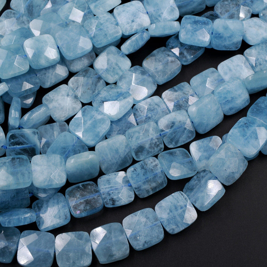 AAA Natural Aquamarine Beads Faceted Cushion 12mm Square Gemstone 15.5" Strand