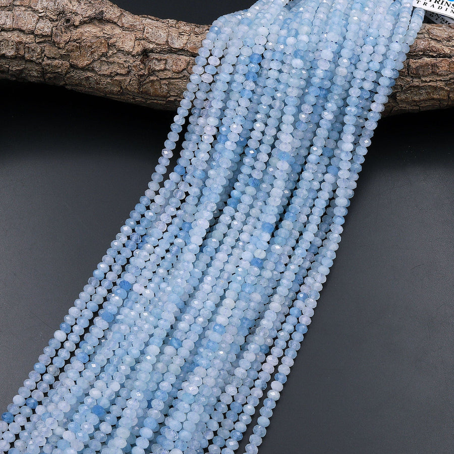 AAA Translucent Faceted Natural Blue Aquamarine Rondelle Beads 4mm 15.5" Strand