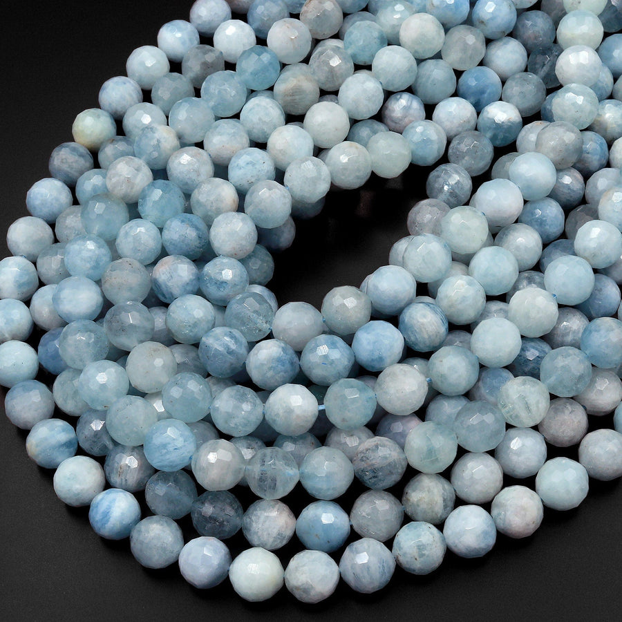 Faceted Natural Blue Aquamarine Beads 8mm 10mm 12mm 14mm Round Gemstone 15.5" Strand