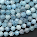 Faceted Natural Blue Aquamarine Beads 8mm 10mm 12mm 14mm Round Gemstone 15.5" Strand