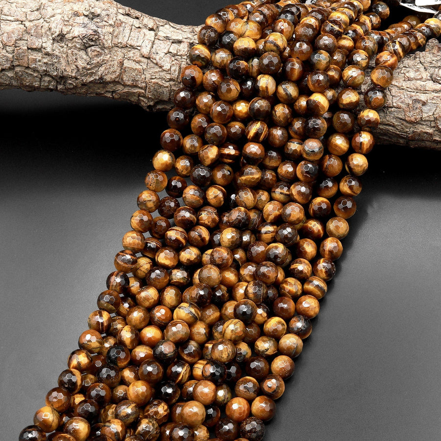 Faceted Natural Tiger's Eye 8mm Round Beads 15.5" Strand