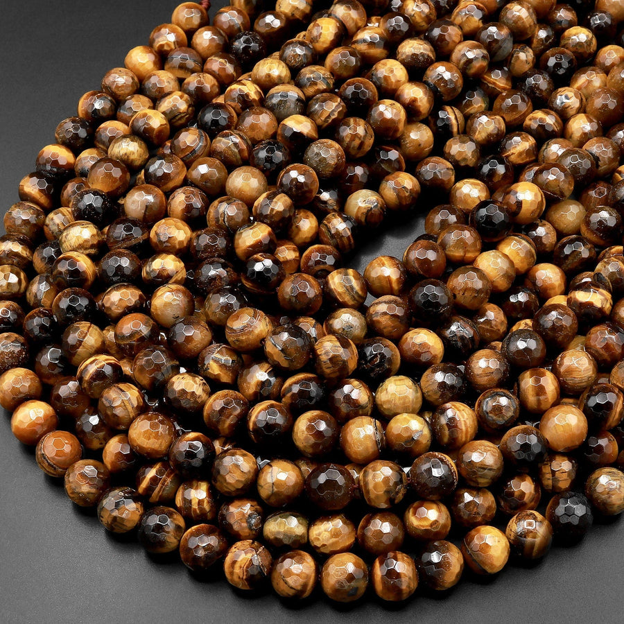 Faceted Natural Tiger's Eye 8mm Round Beads 15.5" Strand