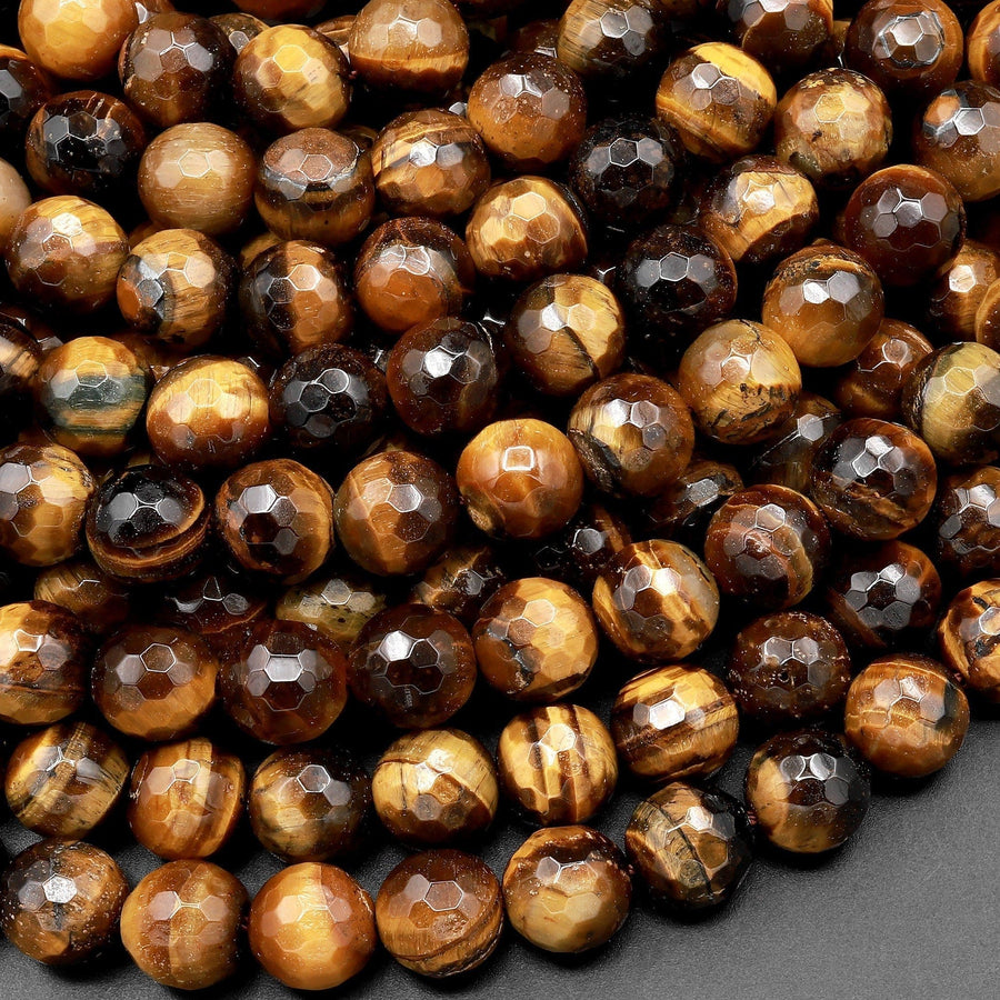 Faceted Natural Tiger's Eye 8mm Round Beads 15.5" Strand