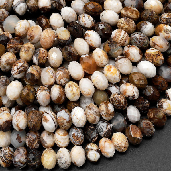 Faceted Natural Petrified Wooden Opal Rondelle Beads 6mm 8mm Earthy Beige Brown Yellow Gray Natural Stone 15.5" Strand