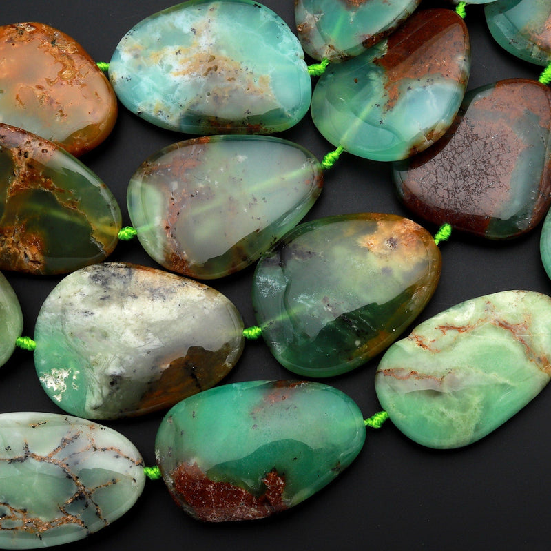 Large Natural Australian Bicolor Green Brown Chrysoprase Beads Nuggets Center Drilled Focal Bead Pendant 15.5" Strand