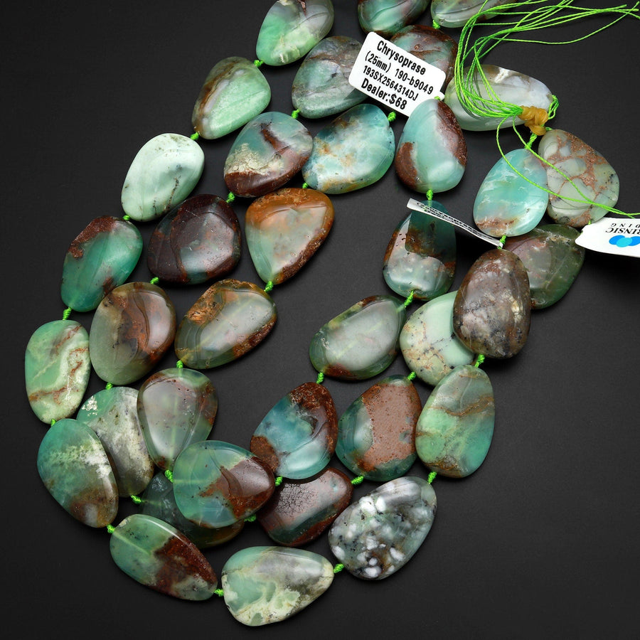 Large Natural Australian Bicolor Green Brown Chrysoprase Beads Nuggets Center Drilled Focal Bead Pendant 15.5" Strand