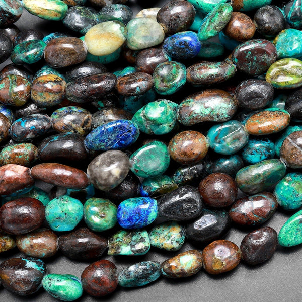 Natural Chrysocolla Azurite Freeform Oval Pebble Nugget Beads Gemstone From Arizona 15.5" Strand
