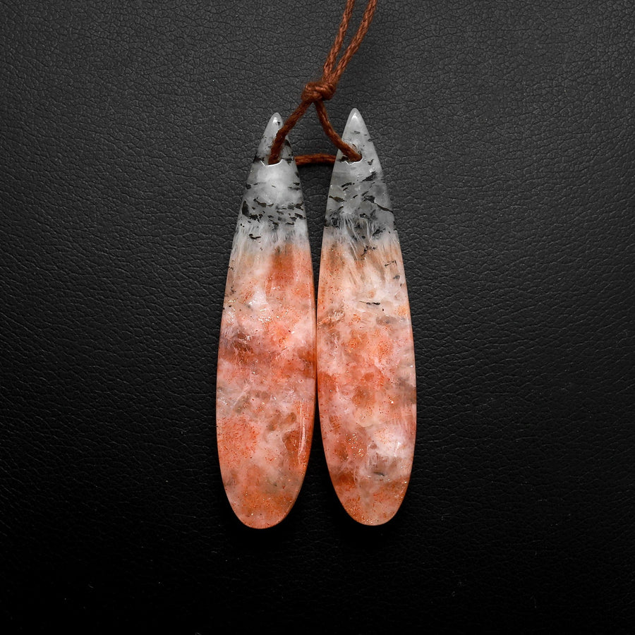 Drilled Natural Orange Sunstone Earring Pair Matched Teardrop Gemstone Beads W/ Dendritic Black Hematite Inclusion