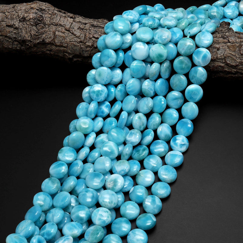AAA Natural Blue Larimar 12mm Coin Beads Real Genuine Blue Larimar From Dominican Republic 15.5" Strand