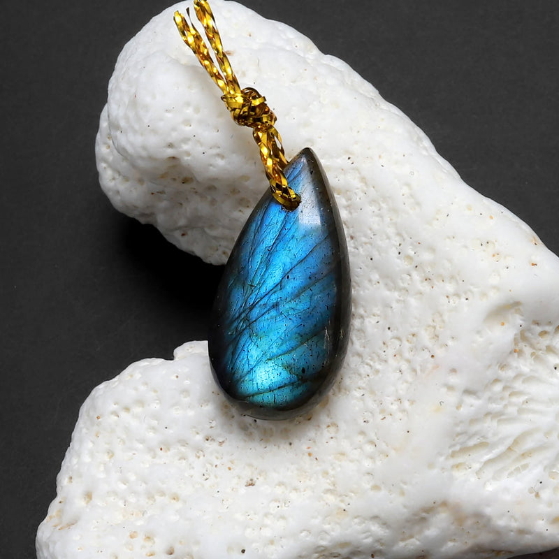 Small Natural Labradorite Puffy Teardrop Pendant Bead Tones of Blue Green Gold Flashes