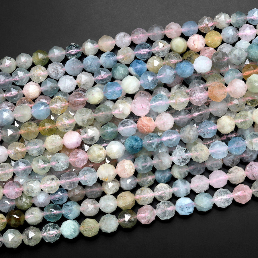 AAA Translucent Faceted Pink Morganite Blue Green Aquamarine 8mm Round Beads Double Hearted Gemstone 15.5" Strand