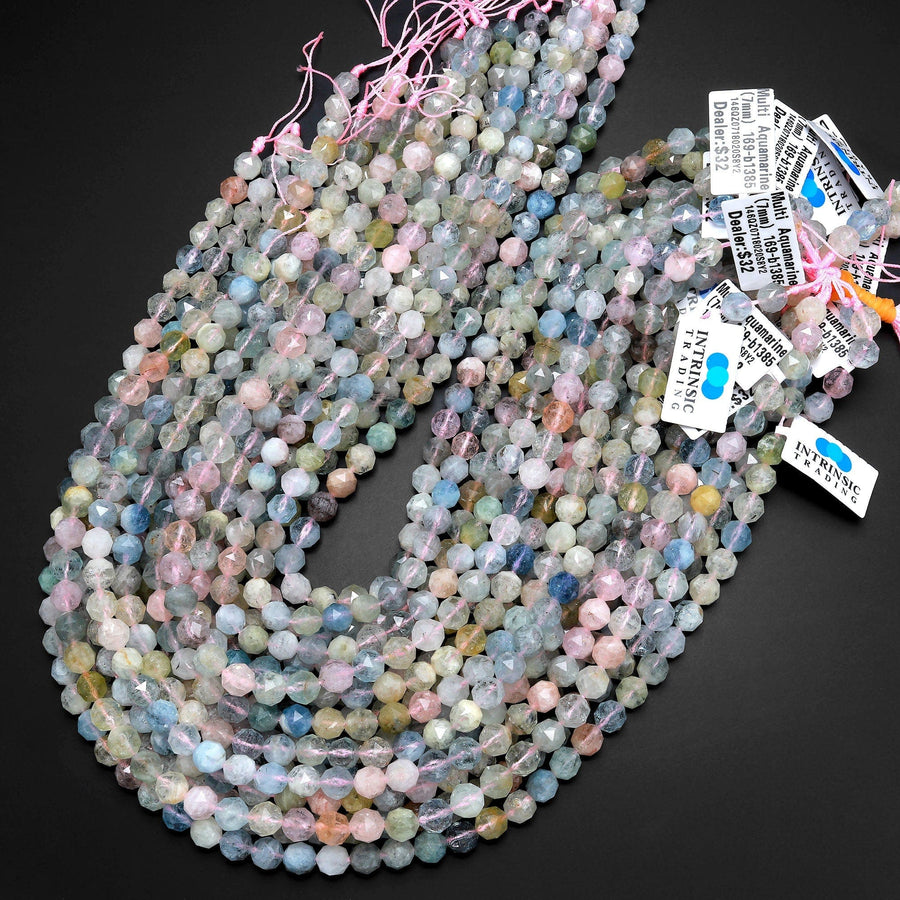 AAA Translucent Faceted Pink Morganite Blue Green Aquamarine 8mm Round Beads Double Hearted Gemstone 15.5" Strand