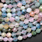 AAA Translucent Faceted Pink Morganite Blue Green Aquamarine 8mm Round Beads Double Hearted Gemstone 15.5" Strand
