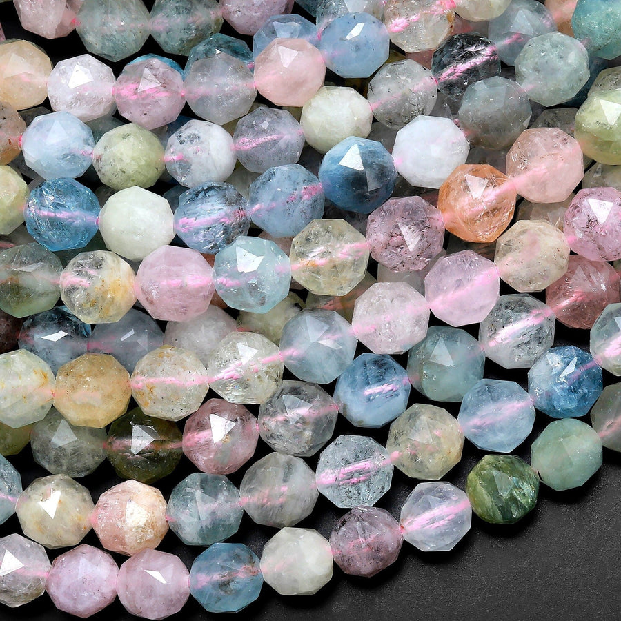 AAA Translucent Faceted Pink Morganite Blue Green Aquamarine 8mm Round Beads Double Hearted Gemstone 15.5" Strand