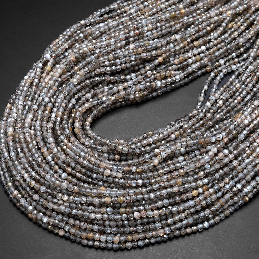 Micro Faceted Natural Black Sunstone Round Beads 2mm Sparkling Diamond Cut Gemstone 15.5" Strand