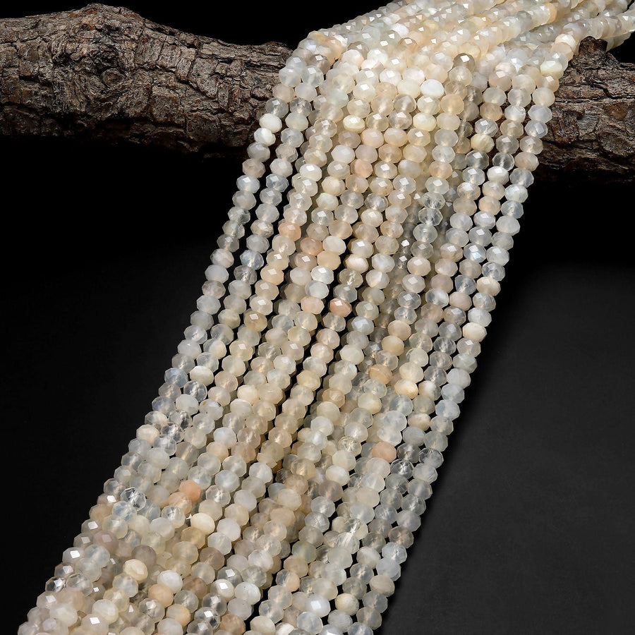 Rare Natural Rose Rainbow Moonstone Faceted Rondelle Beads 6mm 15.5" Strand