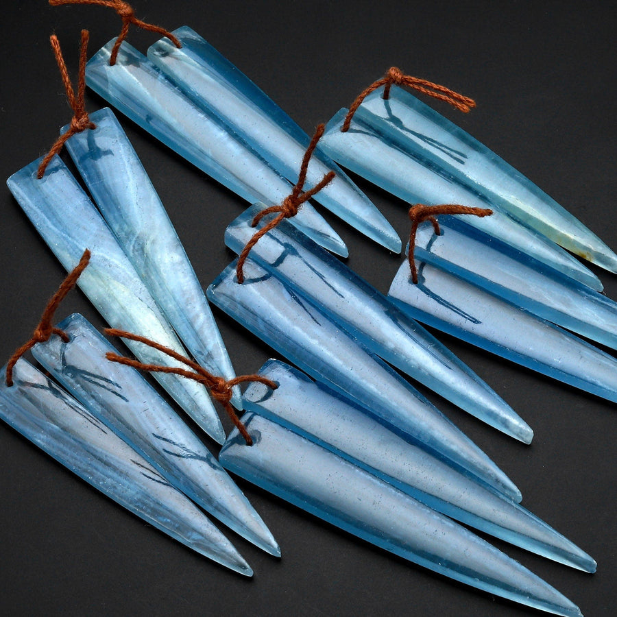 AAA Rare Natural Argentina Lemurian Aquatine Blue Calcite Earring Pairs Cabochon Dagger Long Modern Triangle Shape Drilled Matched Bead