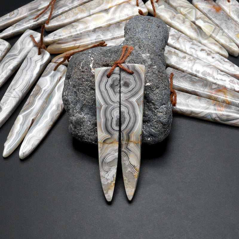 Drilled Natural Laguna Lace Agate Long Dagger Modern Triangle Earring Matched Gemstone Cabochon Bead Pair