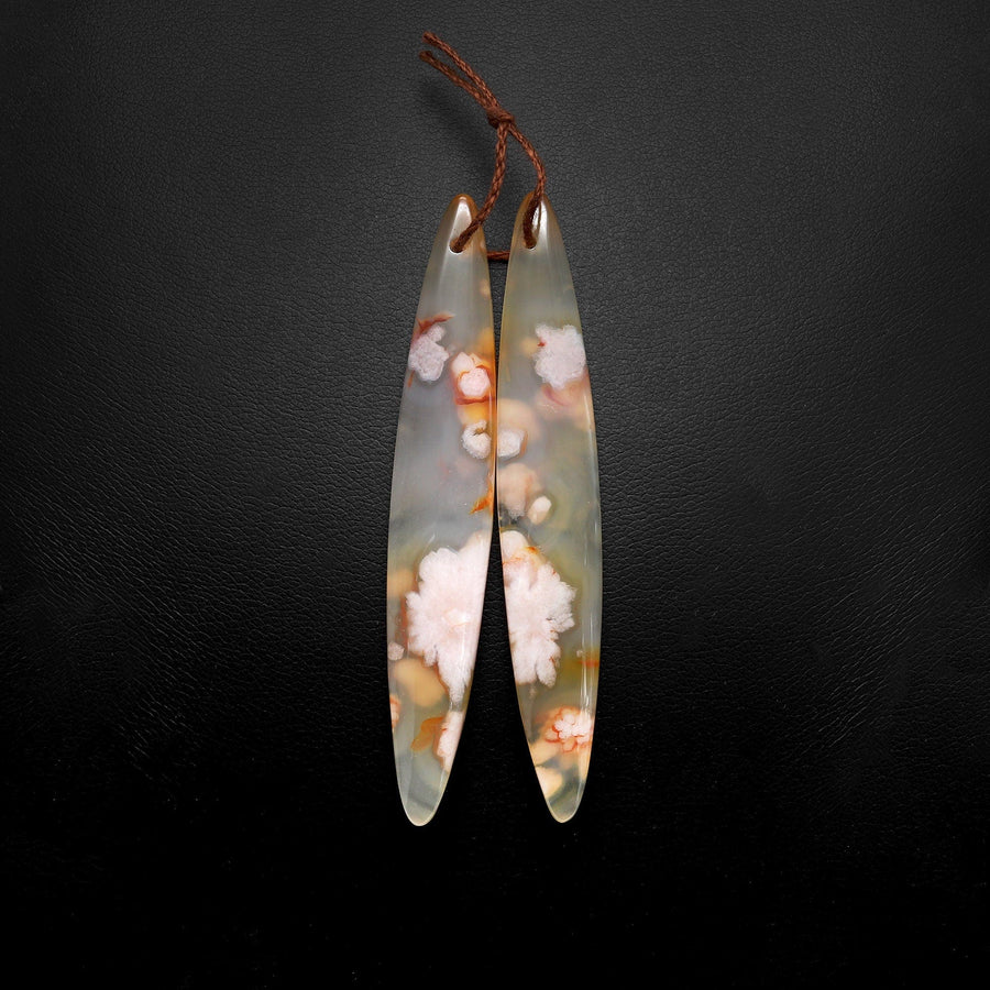 Natural Cherry Blossom Agate Earring Pair Drilled Matched Long Marquise Pair Aka Flower Agate