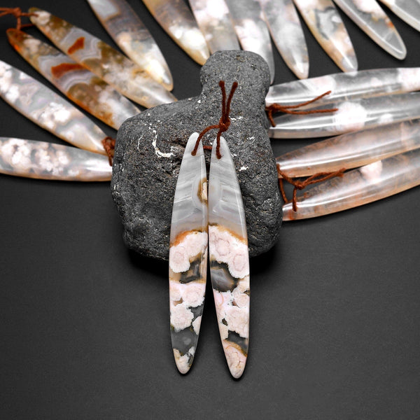 Natural Cherry Blossom Agate Earring Pair Drilled Matched Long Marquise Pair Aka Flower Agate