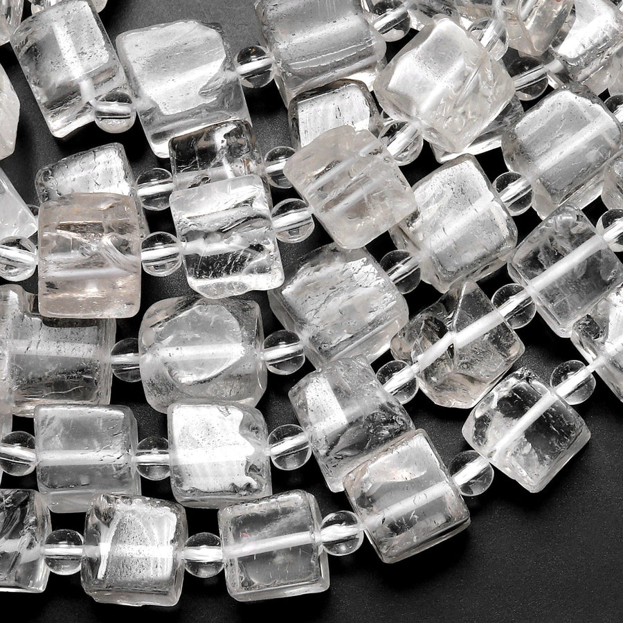 Raw Hand Cut Natural Rock Crystal Quartz Cube Square Beads 10mm 15.5" Strand