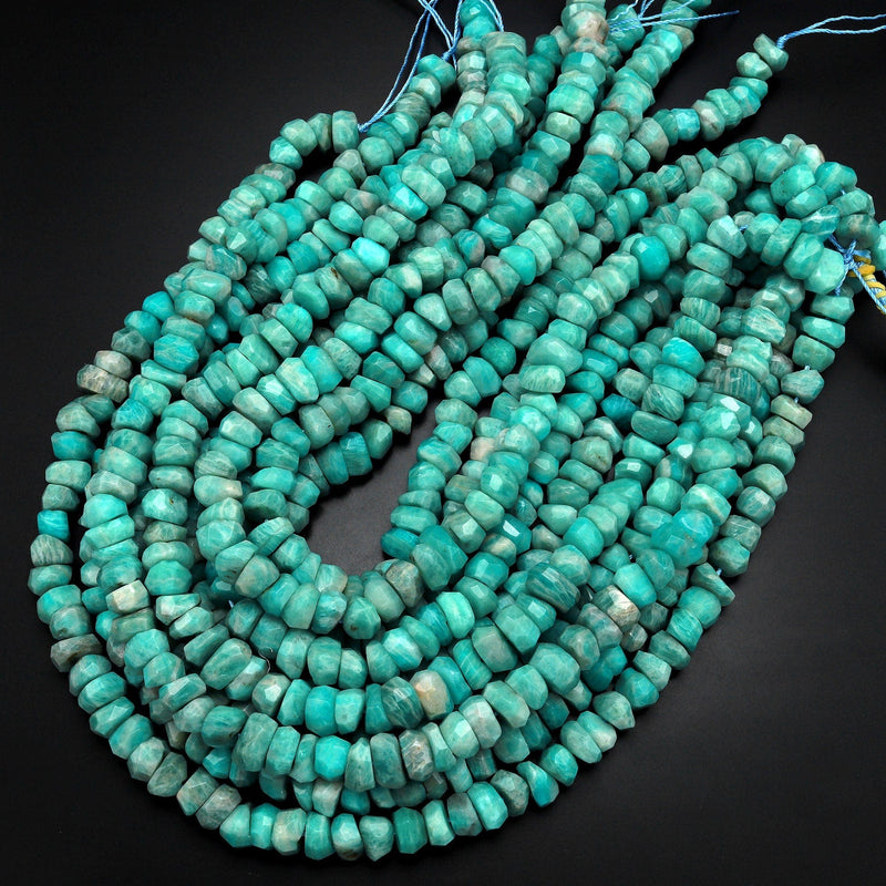 Large Faceted Natural Russian Amazonite Beads Chiseled Freeform 10mm Rondelle Blue Green Gemstone 15.5" Strand