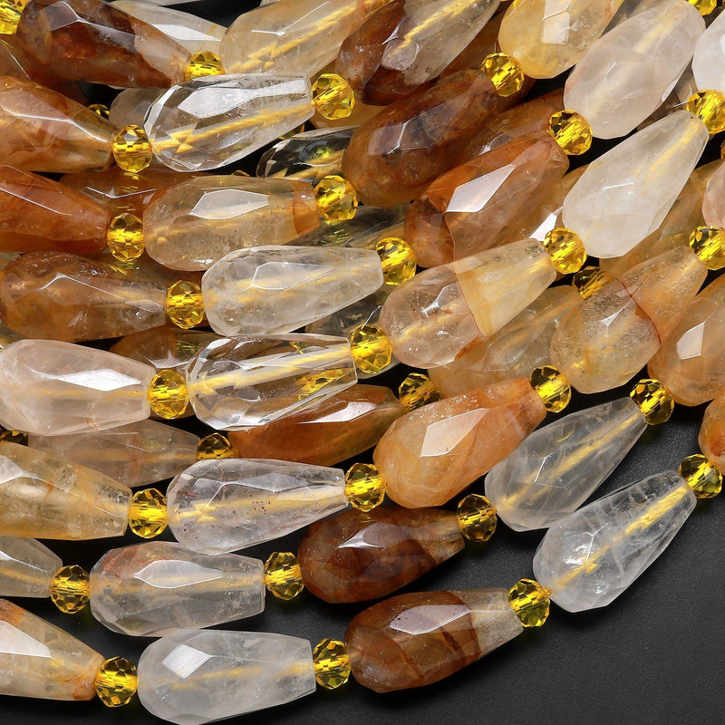 Faceted Natural Golden Healer Quartz Teardrop Beads Vertically Drilled Gemstone Good for Earrings 15.5" Strand
