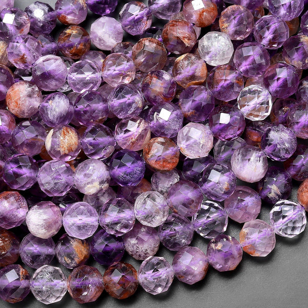 AAA Faceted Natural Super 7 Phantom Amethyst Cacoxenite 8mm Round Beads 15.5" Strand