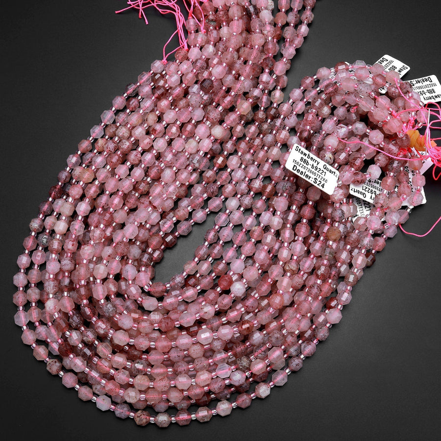 Natural Strawberry Quartz 6mm 7mm Beads Faceted Energy Prism Double Terminated Point Cut 15.5" Strand