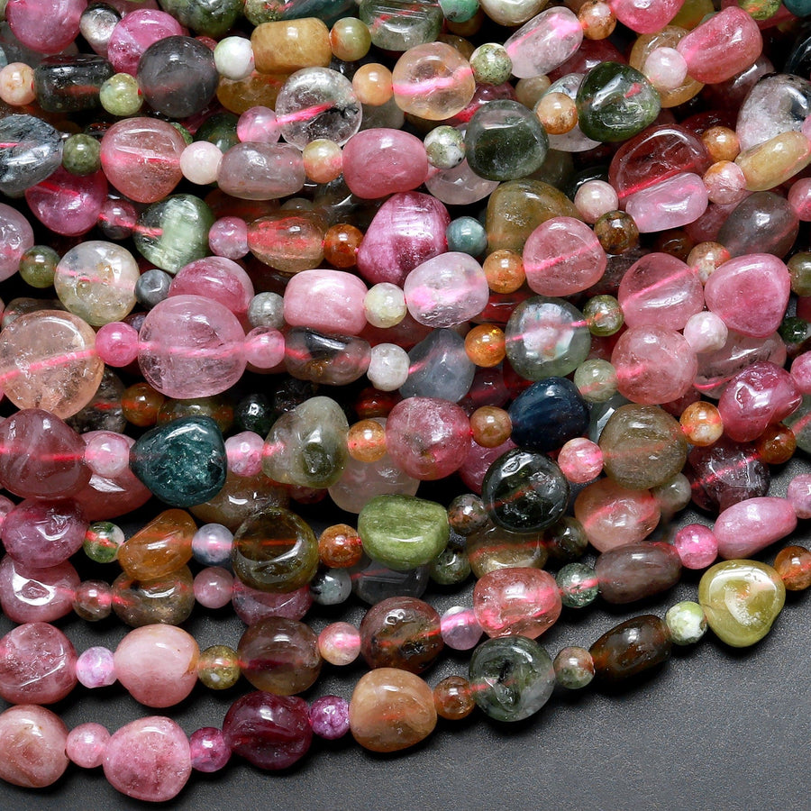 Natural Multicolor Pink Green Blue Tourmaline Freeform Pebble Nugget Beads Gemstone 15.5" Strand
