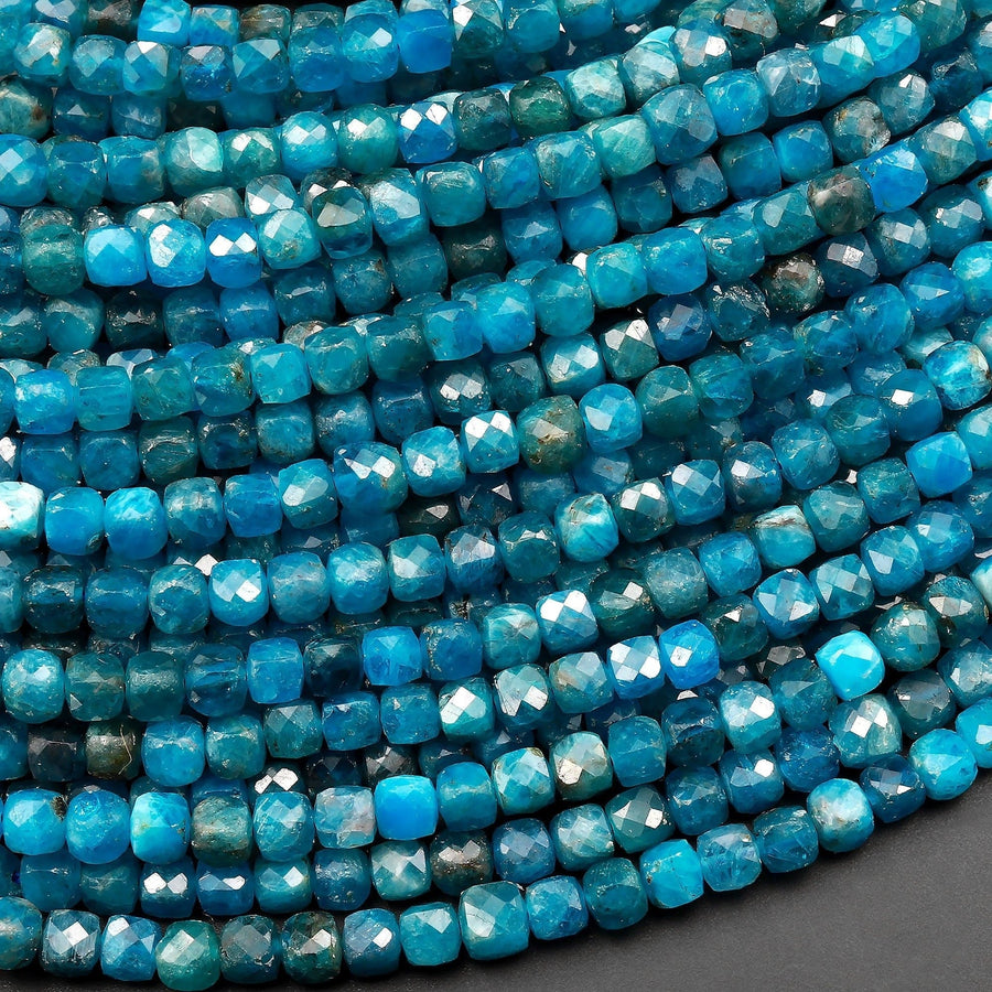 AA Natural Blue Apatite Faceted 4mm Cube Beads Gemstone Dice 15.5" Strand