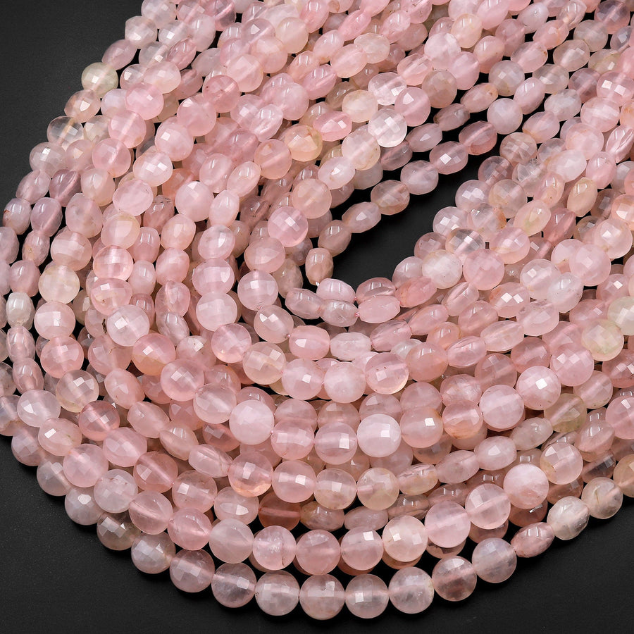 rose quartz seed beads Icy Translucent Faceted Madagascar Pink Rose Quartz 8mm 10mm Coin Beads Flat Disc Dazzling Facets Natural Gemstone 15.5" Strand 8mm