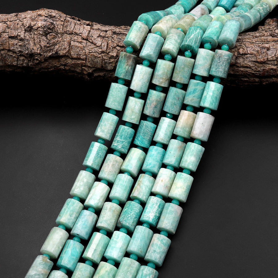 Faceted Natural Russian Amazonite Tube Beads 15.5" Strand
