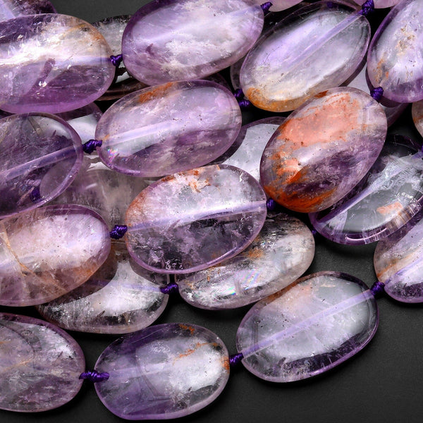 Super 7 Crystal Natural Phantom Amethyst Cacoxenite Oval Gemstone Beads 15.5" Strand