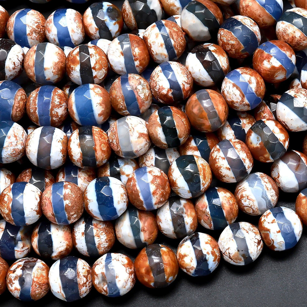 Tibetan Agate 6mm 8mm 10mm Round Beads Dzi Agate Blue Etched Line Ring Mala Antique Boho Beads 15.5" Strand