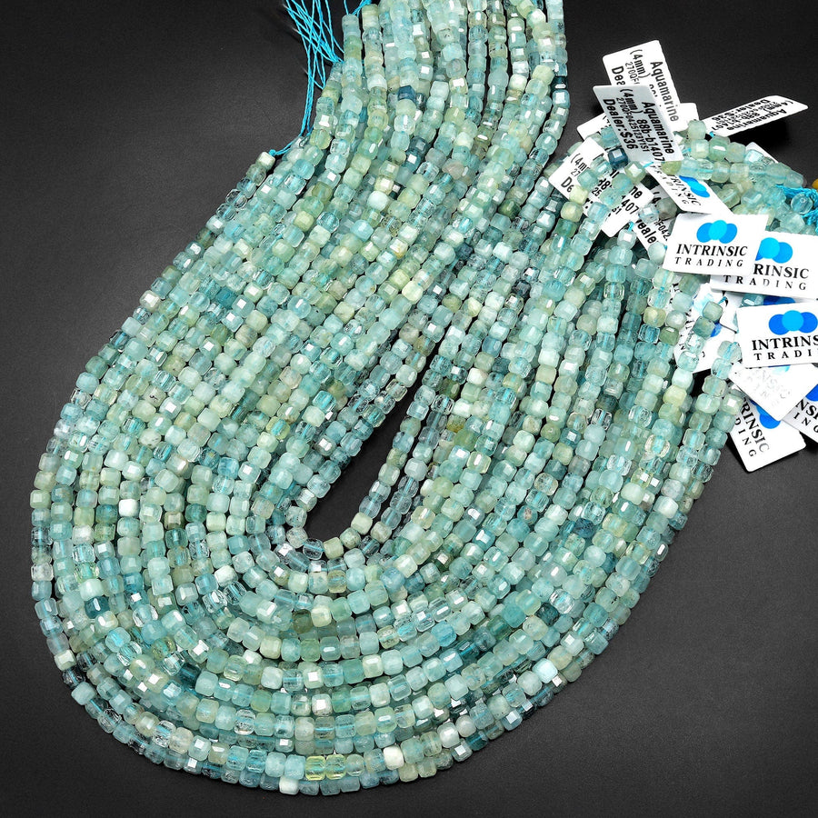 Translucent Natural Blue Green Aquamarine Faceted 4mm Cube Beads Micro Laser Diamond Cut Gemstone 15.5" Strand