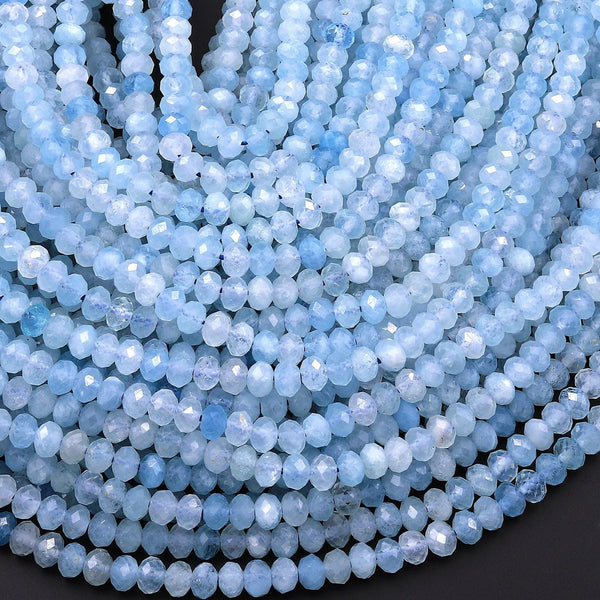 AAA Translucent Faceted Natural Blue Aquamarine Rondelle Beads 4mm 15.5" Strand