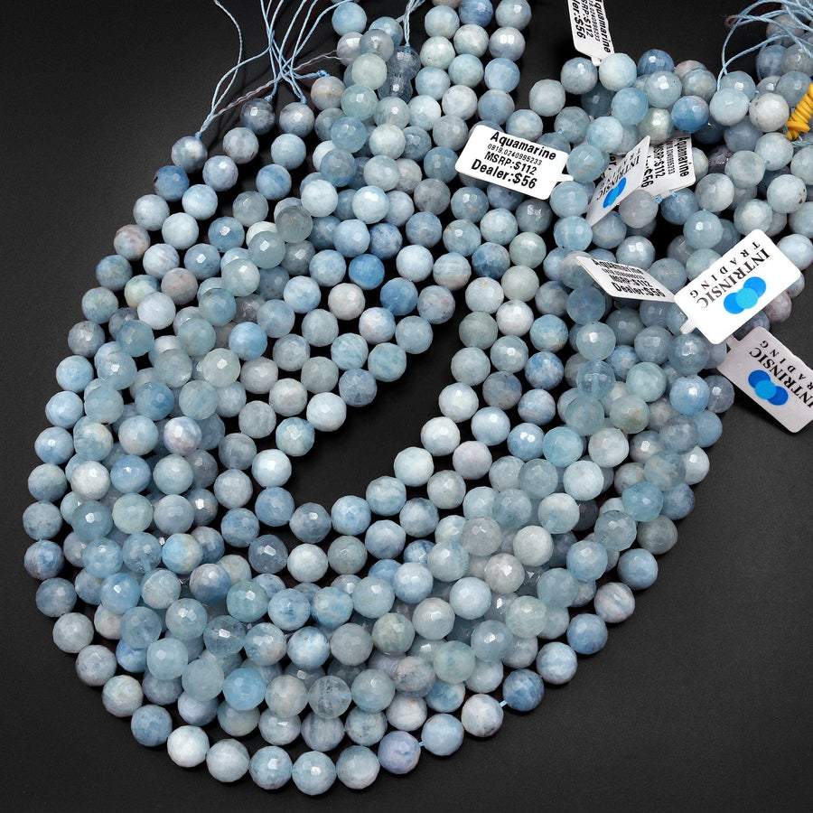 Faceted Natural Blue Aquamarine Beads 8mm 10mm 12mm 14mm Round Gemstone 15.5" Strand