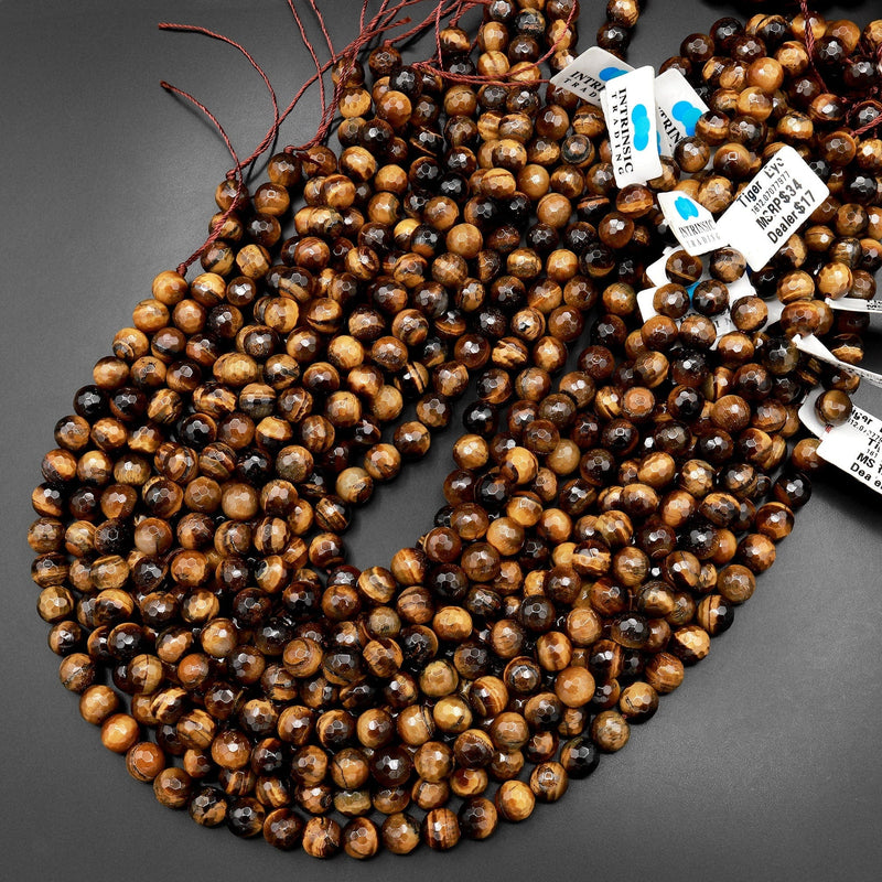 Faceted Natural Tiger's Eye 8mm Round Beads 15.5" Strand